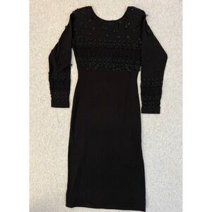 Carole Little Black  Dress Women's Small Beaded Lace Up Back Midi Wool Blend Vtg